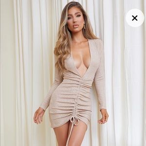 Gold Glitter Long Sleeve Plunge Bodycon Dress